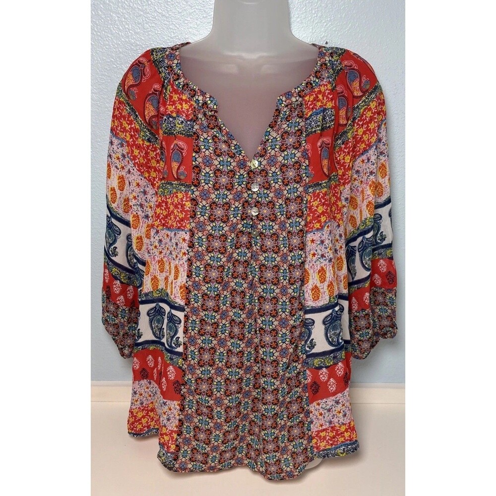 Anthropologie XL Olive Hill Tunic Top Womens Floral‎ Blouse Patchwork Boho Sheer